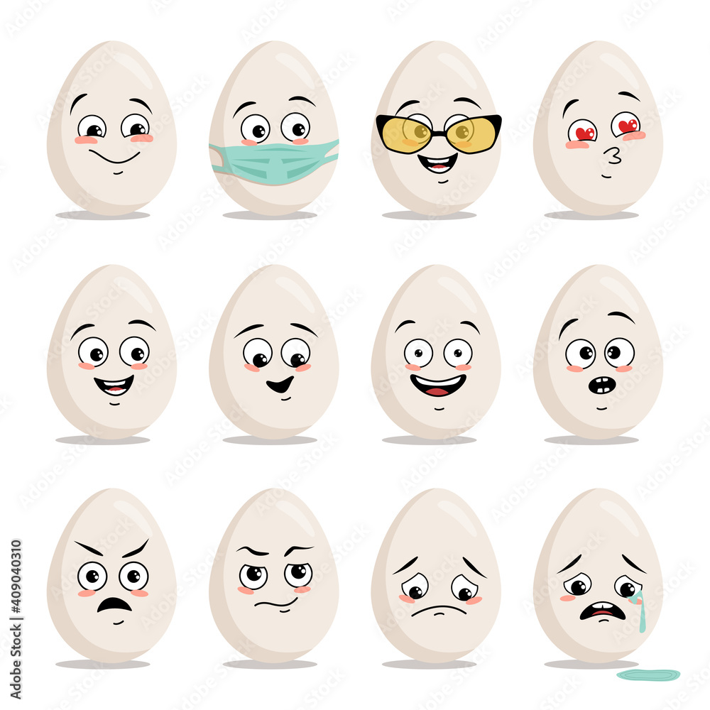Set of icons of eggs with different emotions, mask and goggles Set of icons of eggs with different emotions, mask and goggles