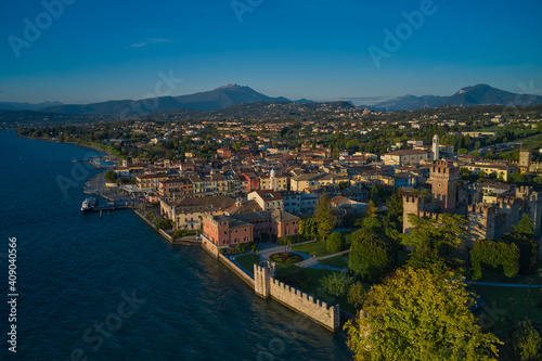 Lazise town, lake garda, Italy. Panoramic aerial view of the Scaligero Castle of Lazise. Italian resort on Lake Garda top view.