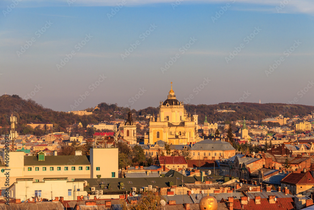 Aerial view of St. George's Cathedral and old town of Lviv in Ukraine. Lvov cityscape. View from bell tower of Church of Sts. Olha and Elizabeth