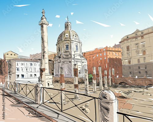 The Trajan's Column. Roman forum. Rome. Italy. Hand drawn city sketch. Vector illustration.