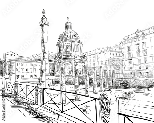 The Trajan's Column. Roman forum. Rome. Italy. Hand drawn city sketch. Vector illustration.