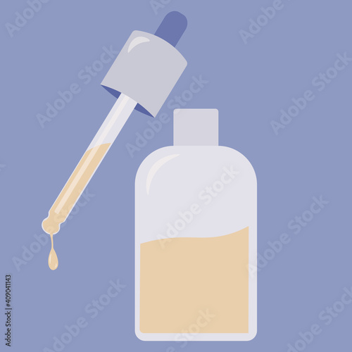 luxury Serum bottle and pipette with falling drop. Liquid argan oil  or hyaluronic acid for face, body and hair growth, skin care product vector illustration logo