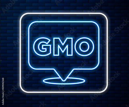 Glowing neon line GMO icon isolated on brick wall background. Genetically modified organism acronym. Dna food modification. Vector.