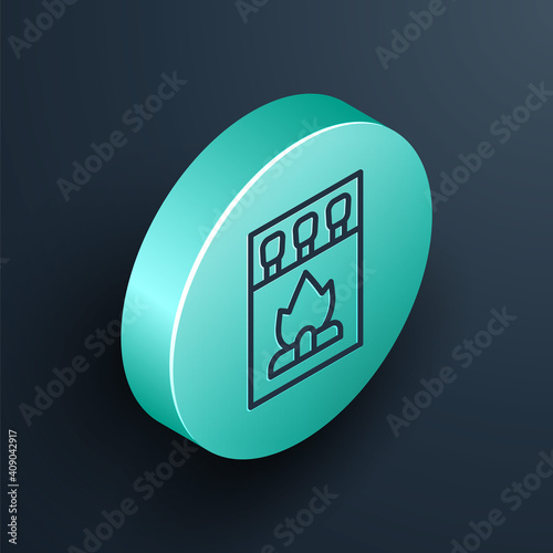 Isometric line Open matchbox and matches icon isolated on black background. Turquoise circle button. Vector.