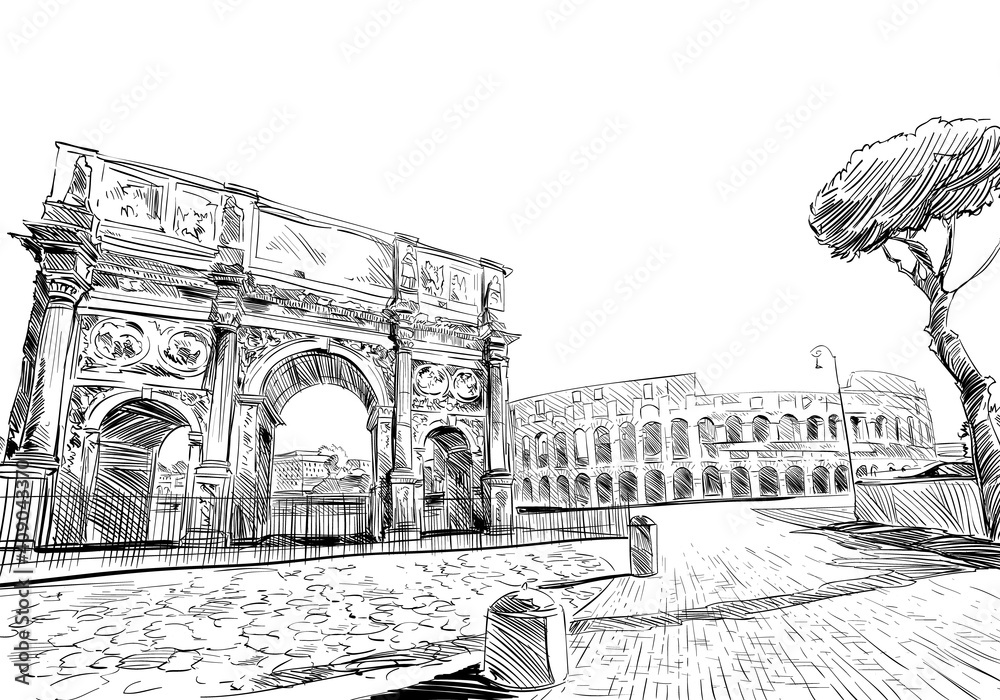 Triumphal Arch of Constantine. Coliseum. Rome. Italy. Hand drawn landmark sketch. Vector illustration.