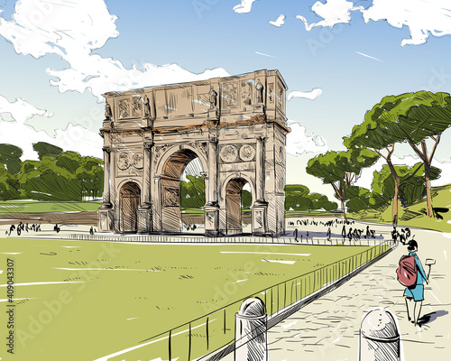 Triumphal Arch of Constantine. Rome. Italy. Hand drawn landmark sketch. Vector illustration.