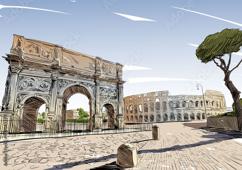 Triumphal Arch of Constantine. Coliseum. Rome. Italy. Hand drawn landmark sketch. Vector illustration.