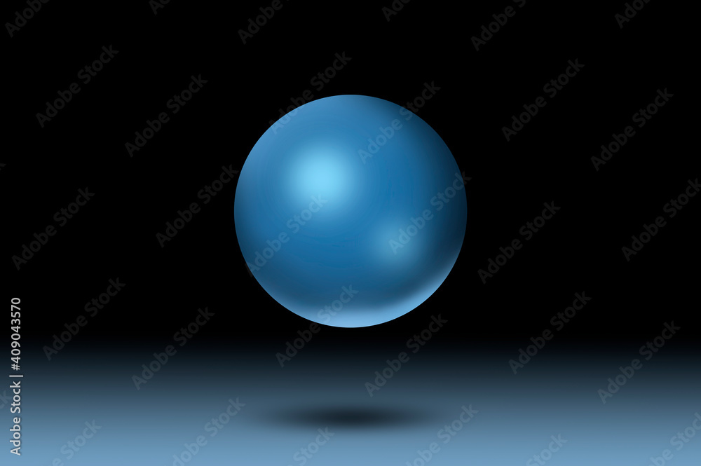 Blue glossy ball on black background painting