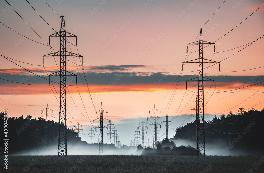 High-voltage power lines in the field 