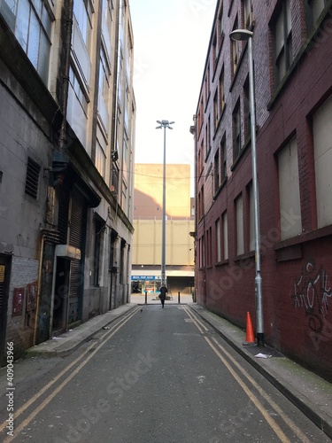 City street in Manchester England with old buildings and no people 