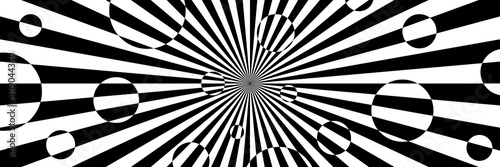 Vector illustration with stripes and circles with optical illusion. Op art abstract background. Long horizontal banner.