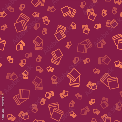 Brown line Plastic bag with ziplock icon isolated seamless pattern on red background. Vector.