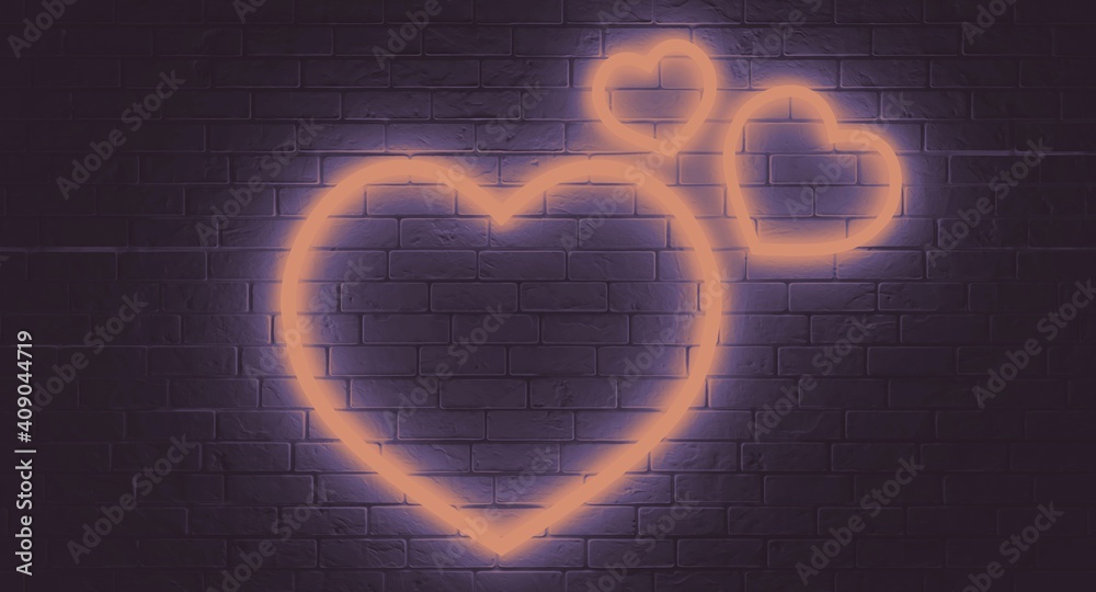 Neon hearts on a brick wall. Neon template. Grunge colors. Dark brick wall background. 3d illustration.