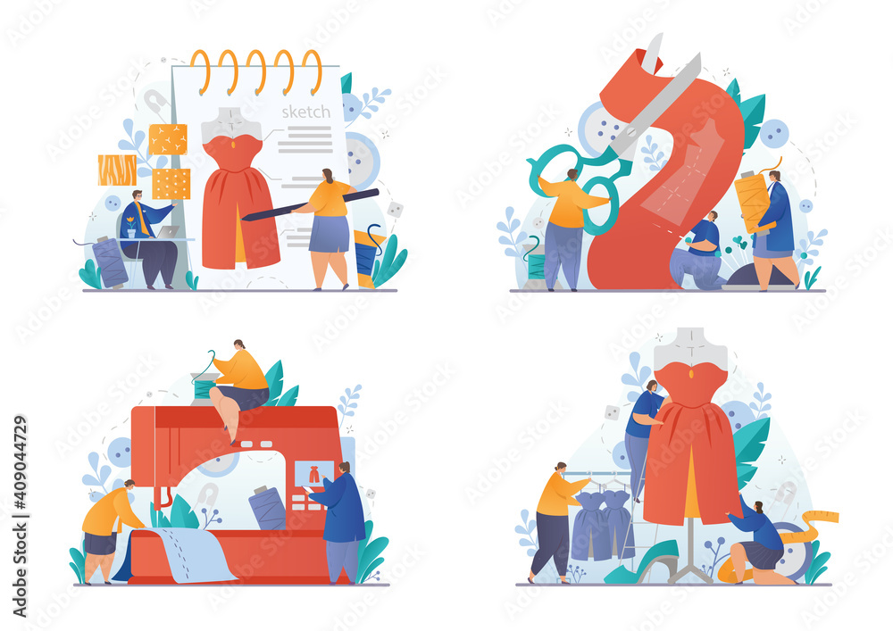 Tailor shop or fashion design concept. Masters sewing clothes. Dressmakers working on sewing machine and taking measurements. Set of flat cartoon vector illustrations isolated on white background