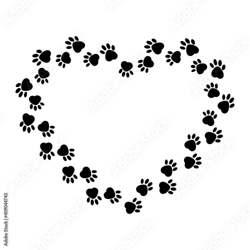 Heart-shaped frame of dog tracks, color vector isolated illustration, design, decoration, trail print