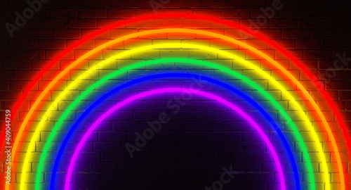 Neon rainbow lamps on a brick wall. Neon rainbow sign. Template neon sign. Rainbow colors of lights tubes. Human rights and tolerance. LGBT. Pride. Neon and brick wall background. 3d illustration.