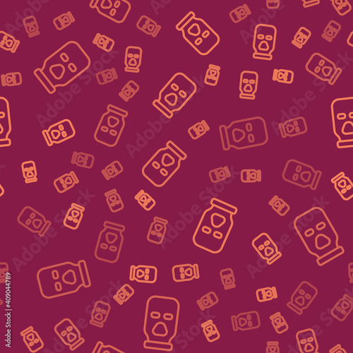 Brown line Balaclava icon isolated seamless pattern on red background. A piece of clothing for winter sports or a mask for a criminal or a thief. Vector.