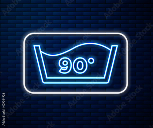 Glowing neon line Washing under 90 degrees celsius icon isolated on brick wall background. Temperature wash. Vector.