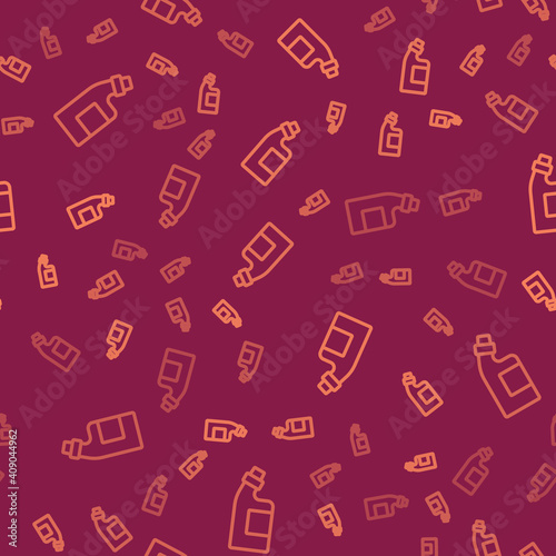 Brown line Plastic bottle for laundry detergent, bleach, dishwashing liquid or another cleaning agent icon isolated seamless pattern on red background. Vector.
