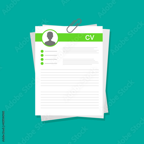 CV application template. Business resume form. Search and select professional staff. Recruitment and employment. Job interview concept. Vector illustration in trendy flat style.	