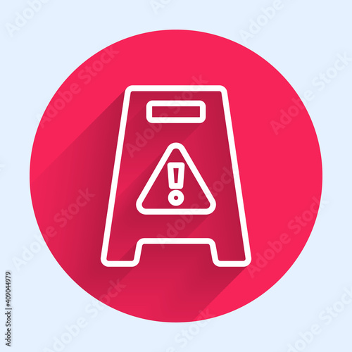 White line Wet floor and cleaning in progress icon isolated with long shadow. Cleaning service concept. Red circle button. Vector.