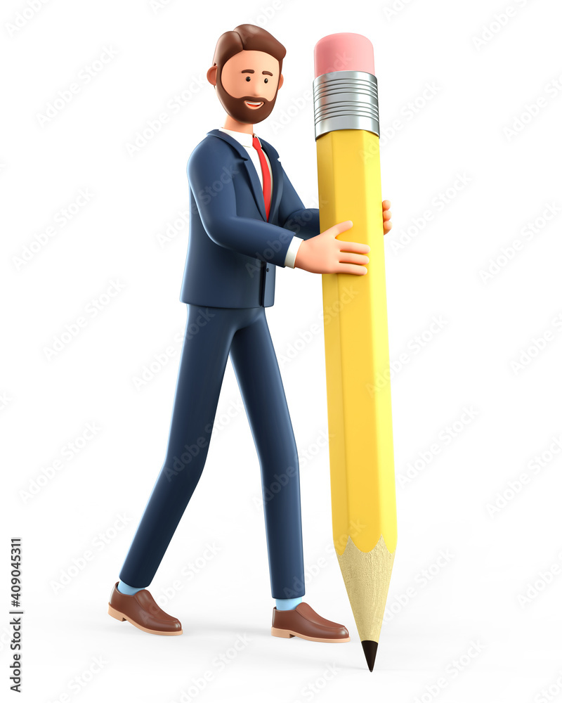 3D illustration of smiling creative man writing with a big pencil
