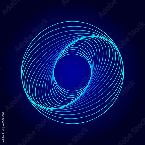 Abstract swirling symbols. Twisted wireframe tunnel. Curved blue shape. Technology glowing logo element.
