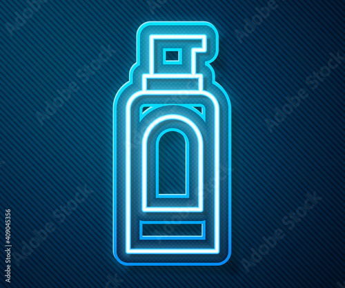 Glowing neon line Spray can for hairspray, deodorant, antiperspirant icon isolated on blue background. Vector.