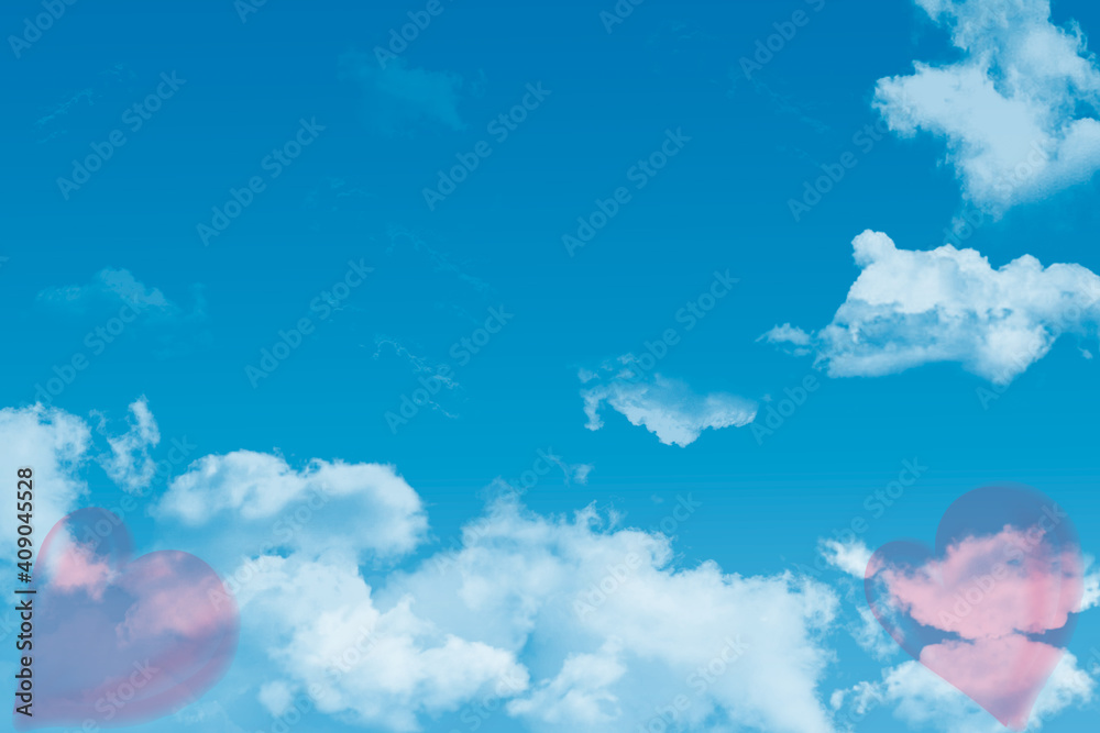 Blue sky with white clouds, hearts and clouds . Digital art painting design elements for Valentine’s Day. Blue sky with white clouds, hearts and clouds . Digital art painting design elements for Valentine’s Day.