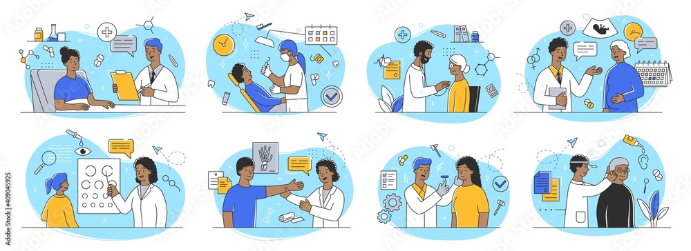 Set of outline illustrations depicting people visiting doctors. Bundle ...