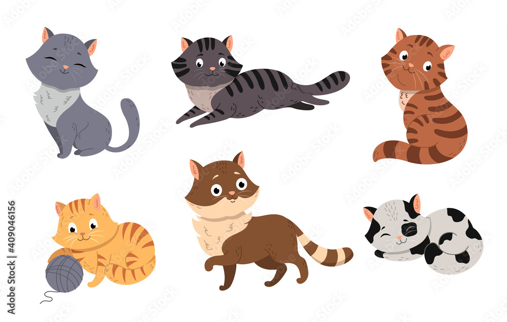 Fanny cartoon cats in different poses. Domestic cute cats sleeping and walking, sitting and playing. Set of flat cartoon vector illustrations isolated on white background