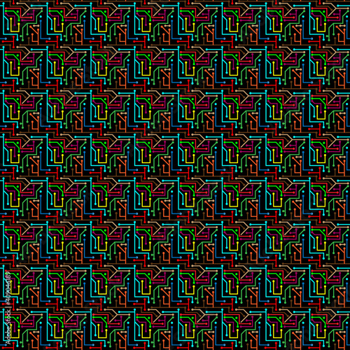 vector illustration background image texture consisting of colored lines and circles on a black substrate in the form of an electrical circuit board for use in graphic design, web graphics, packaging