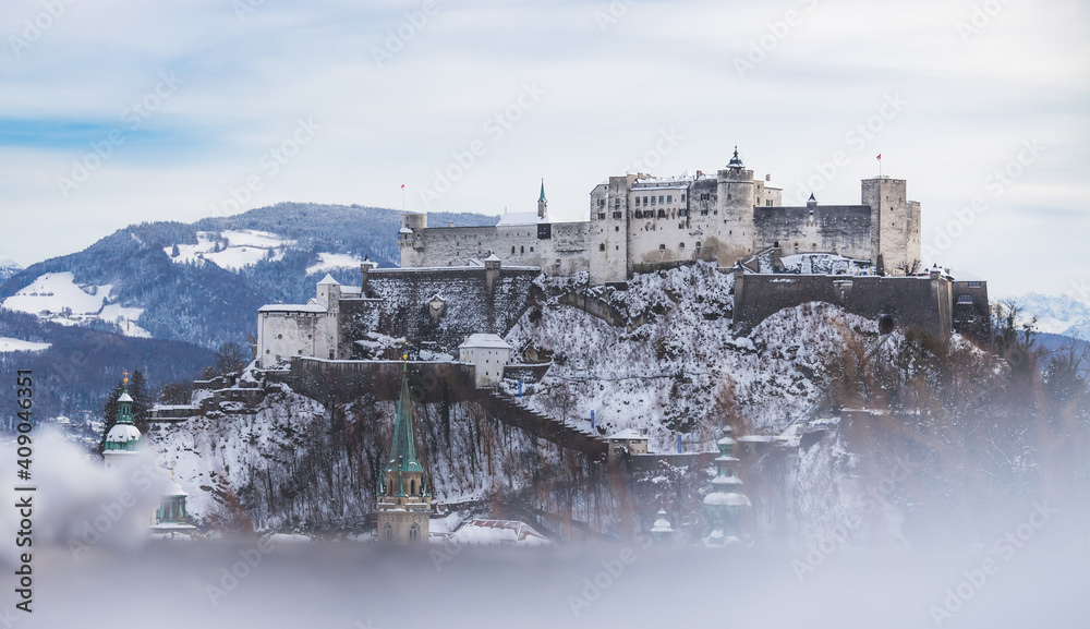 Snowy fortress Hohensalzburg in the Winter, Salzburg, Austria
