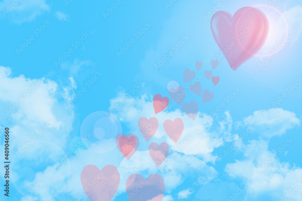 Love is in the air,  with clouds and blue background.