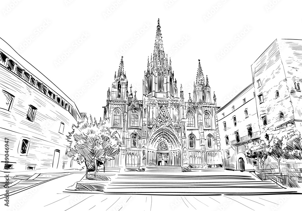 Spain. Barcelona. Cathedral of the Holy Cross and St. Eulalia. Hand drawn city sketch. Vector illustration.