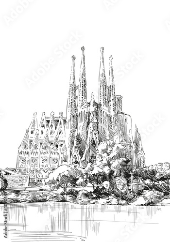 Atoning Temple of the Sagrada Familia. Spain. Barcelona. Hand drawn city sketch. Vector illustration.