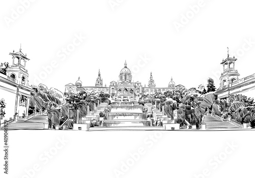 Spain. Barcelona. National Museum of Art of Catalonia. Hand drawn city sketch. Vector illustration.
