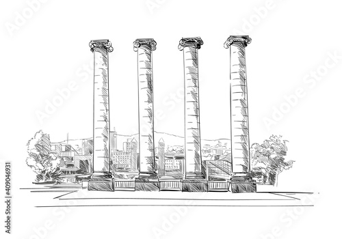Spain. Barcelona. National Museum of Art of Catalonia. Hand drawn city sketch. Vector illustration.