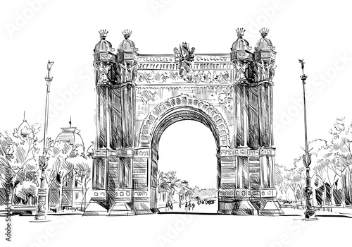 Spain. Barcelona. Triumphal Arch. Hand drawn city sketch. Vector illustration.