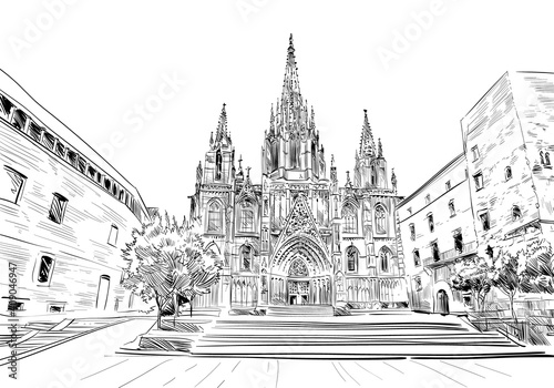 Spain. Barcelona. Cathedral of the Holy Cross and St. Eulalia. Hand drawn city sketch. Vector illustration.