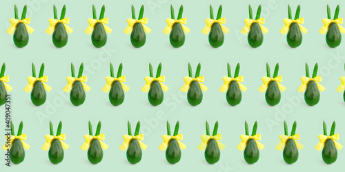 Colorful pattern of avocado bunny on bright background.