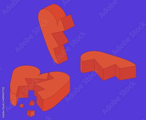 Set of isometric broken hearts on blue background.