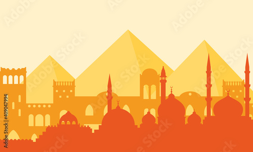 Egypt. Silhouette of Cairo, Arab architecture, mosques and the great pyramids of Giza.