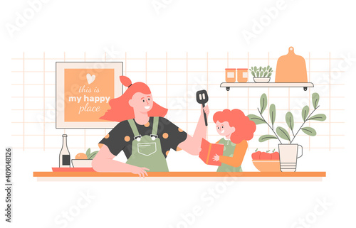 Mom and daughter are cooking together. The girl is holding a cookbook in her hands. Kitchen interier. Family fun, the child helps the parent. Vector flat illustration.