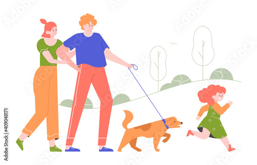 The family walks in the park with the dog. Mom, dad and daughter are having fun outdoor together. Vector flat illustration.