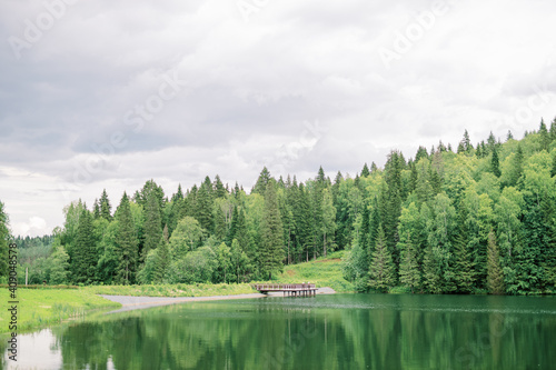 Fototapeta Naklejka Na Ścianę i Meble -  Pier on a pond in the middle of the forest. Green Christmas trees and cloudy weather.