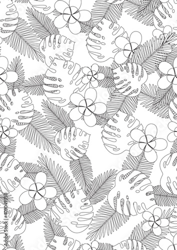 Coloring page for adults with palm leaf, outline vector stock illustration in a4 format with colorless anti stress coloring book with exotic flower and monstera