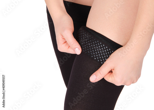 Compression Hosiery. Medical Compression stockings and tights for varicose veins and venouse therapy. Socks for man and women. Clinical compression knits. Comfort maternity tights for pregnant women. photo