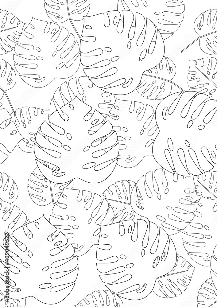 Exotic adult coloring page with monstera leaf, outline vector stock illustration in with colorless coloring book with tropical plant for anti stress therapy