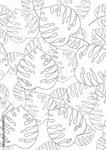 Exotic adult coloring page with monstera leaf, outline vector stock illustration in with colorless coloring book with tropical plant for anti stress therapy